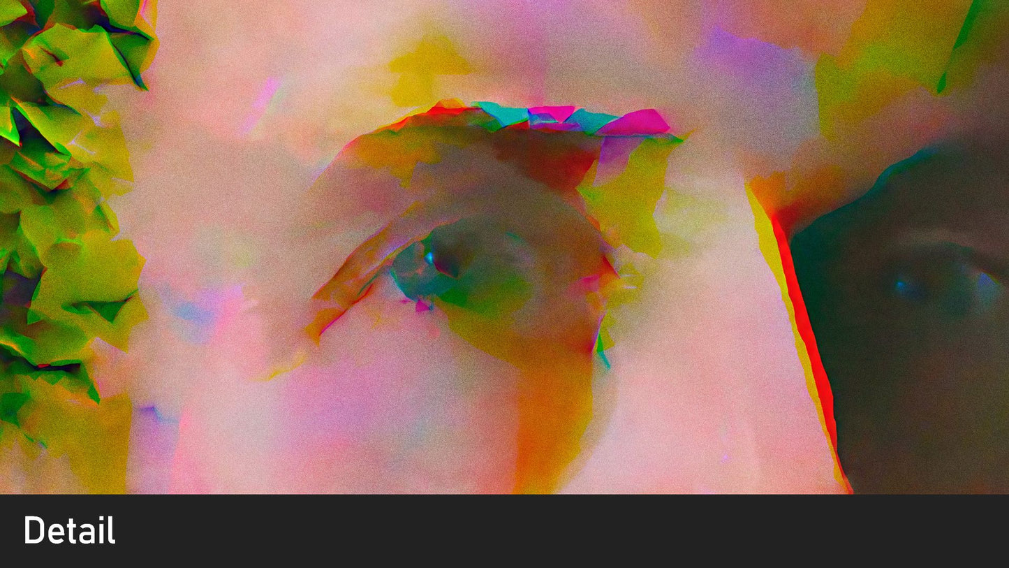 Detail of eye of collage acrylic portrait, hand painted from photographs